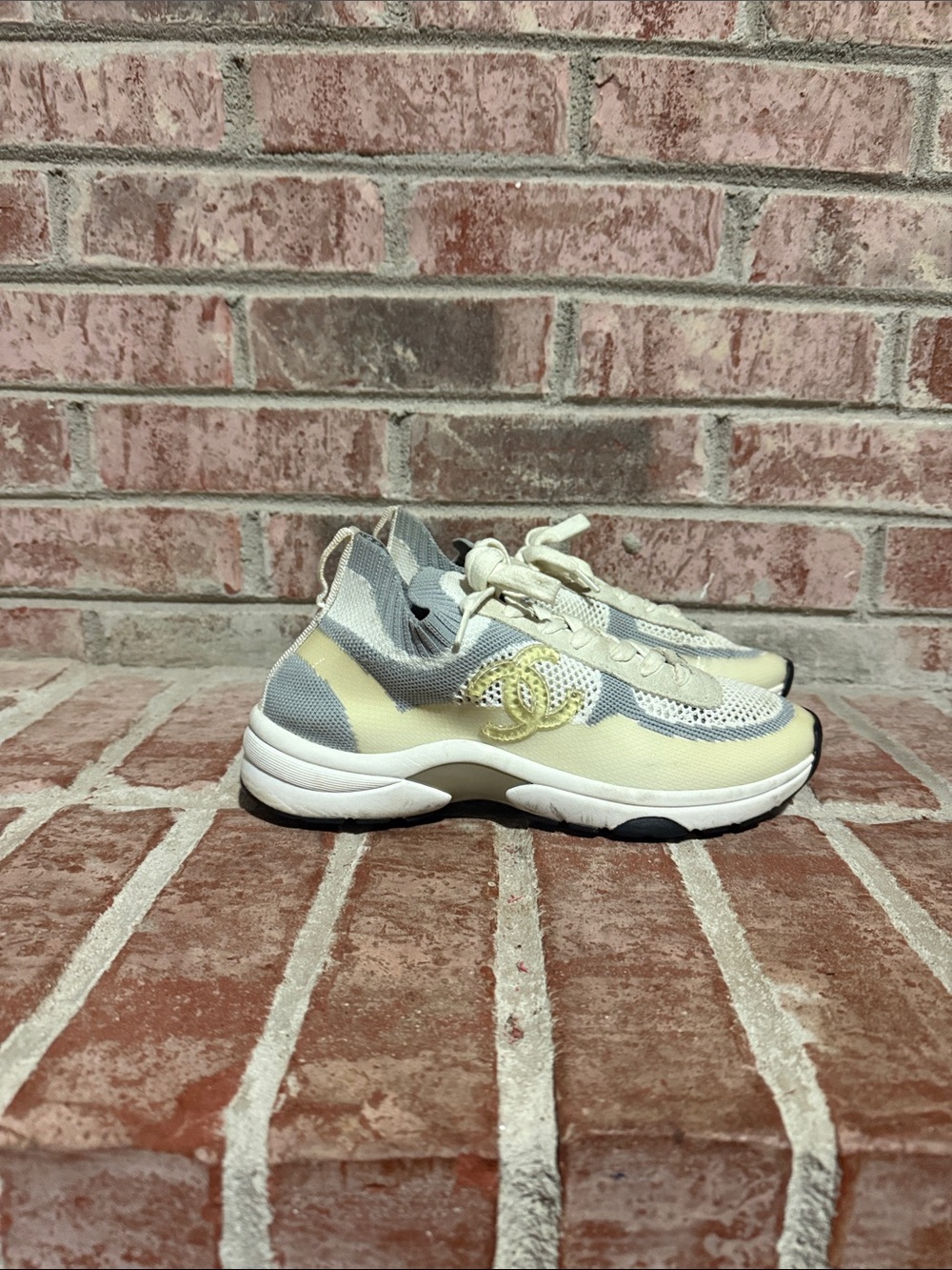CHANEL Cream & Gray CC Logo Mesh Sock Sneakers size 38